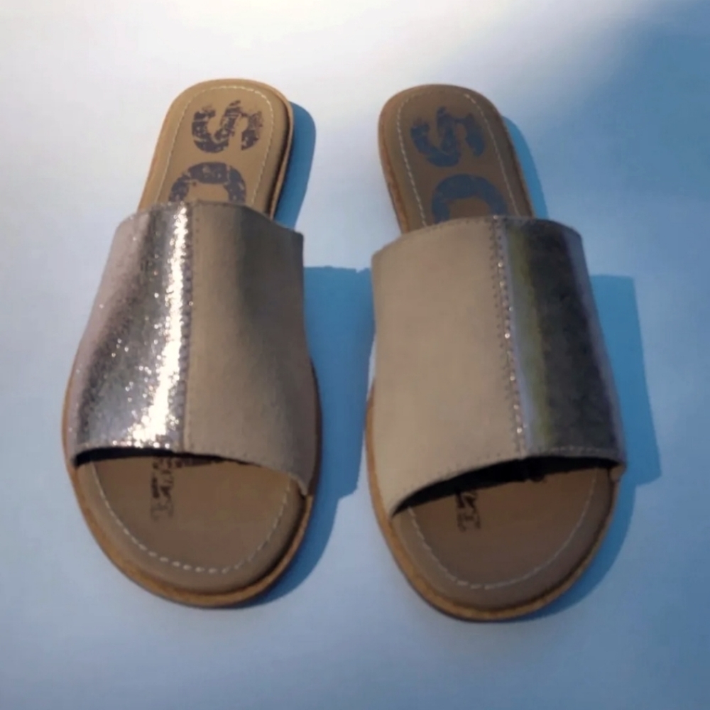 Sorel Ella Block Natural Tan Metallic Slide Sandals Women’s Size 7.5